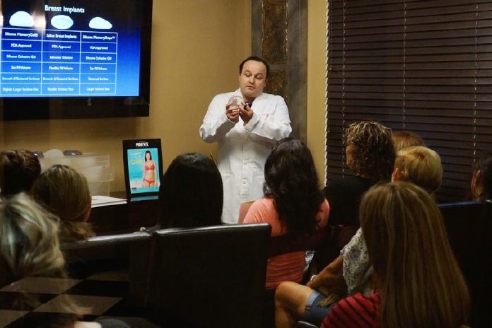 Dr. Aldo Guerra discussing the different types of breast implants at the Scottsdale Breast Augmentation Seminar.
